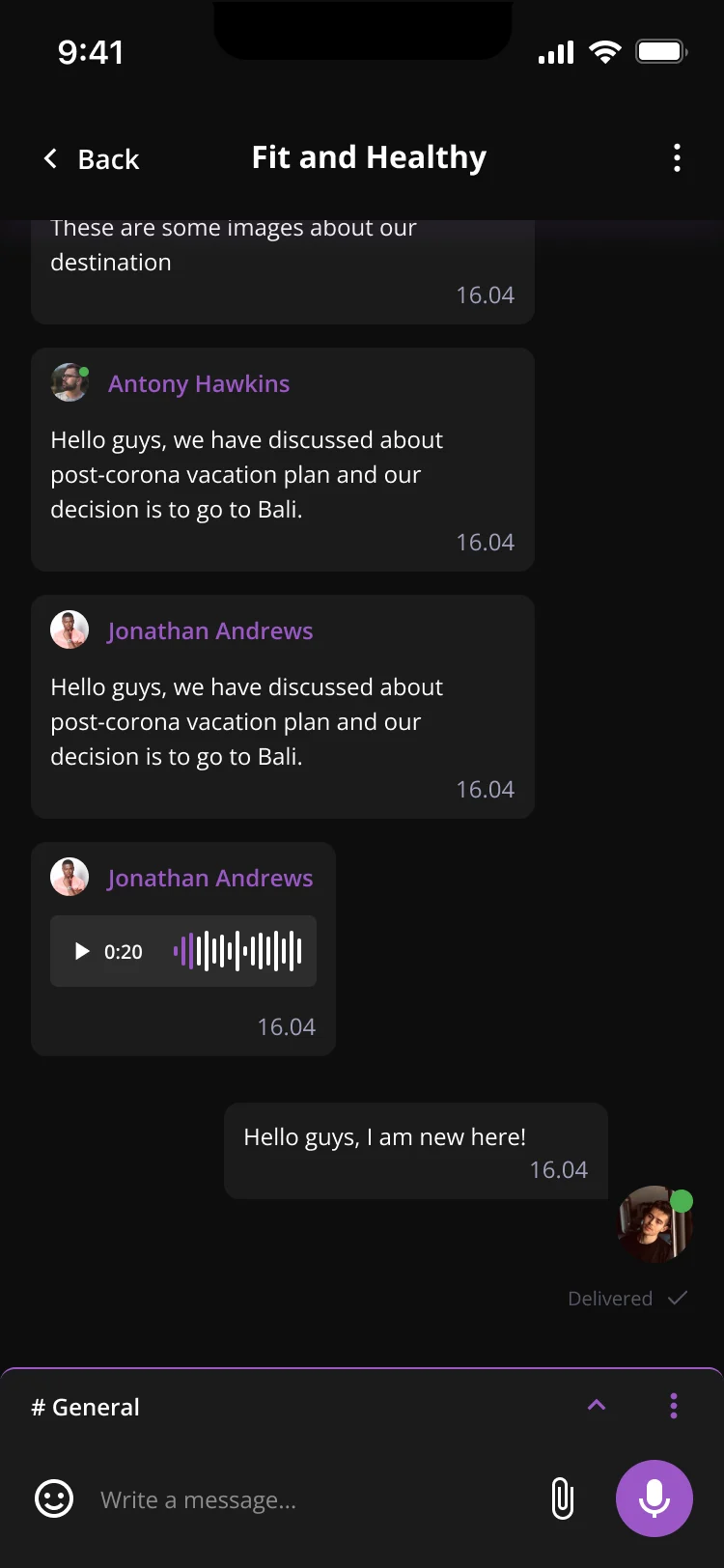 Group chat in the Fit and Healthy group with text, a voice note and a shared photo, and a channel bar reading # General