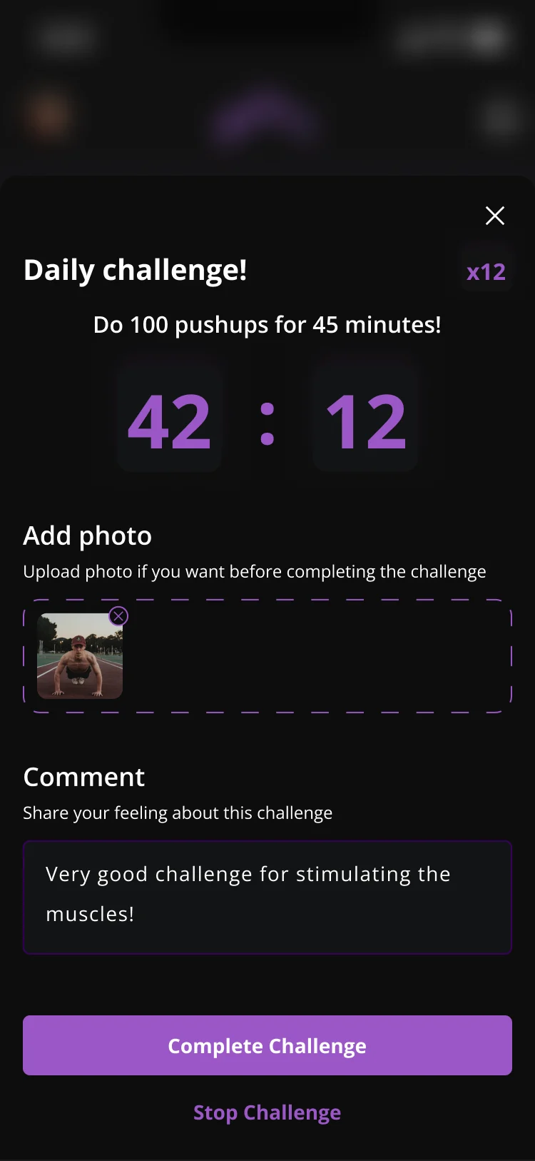 Expanded daily challenge at 42:12 with an uploaded photo, a written comment, a Complete Challenge button and a Stop Challenge link