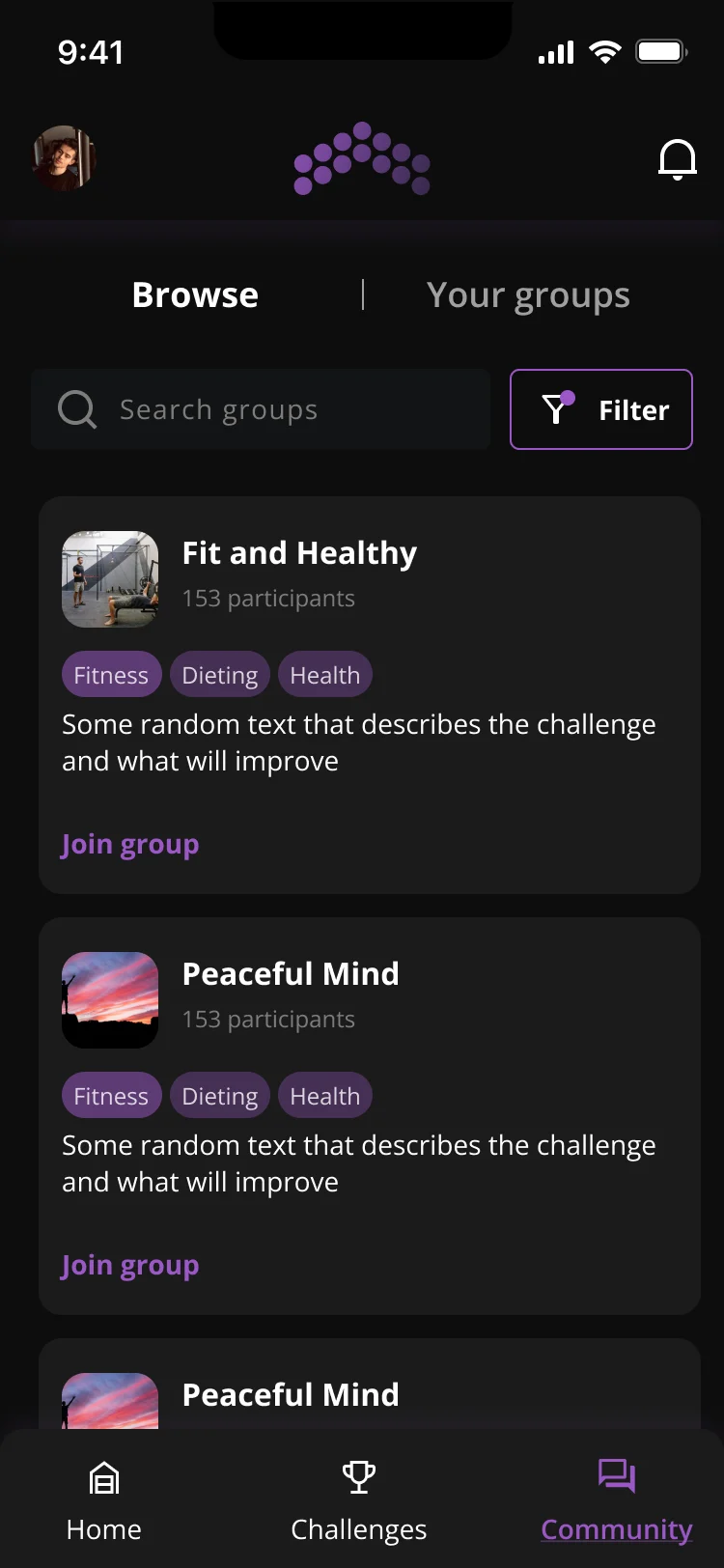 Group browser showing Fit and Healthy and Peaceful Mind with 153 participants each, tagged Fitness, Dieting and Health, with Join group links