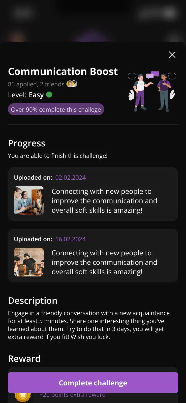 The same challenge with two dated progress entries, 02.02.2024 and 16.02.2024, and an active Complete challenge button