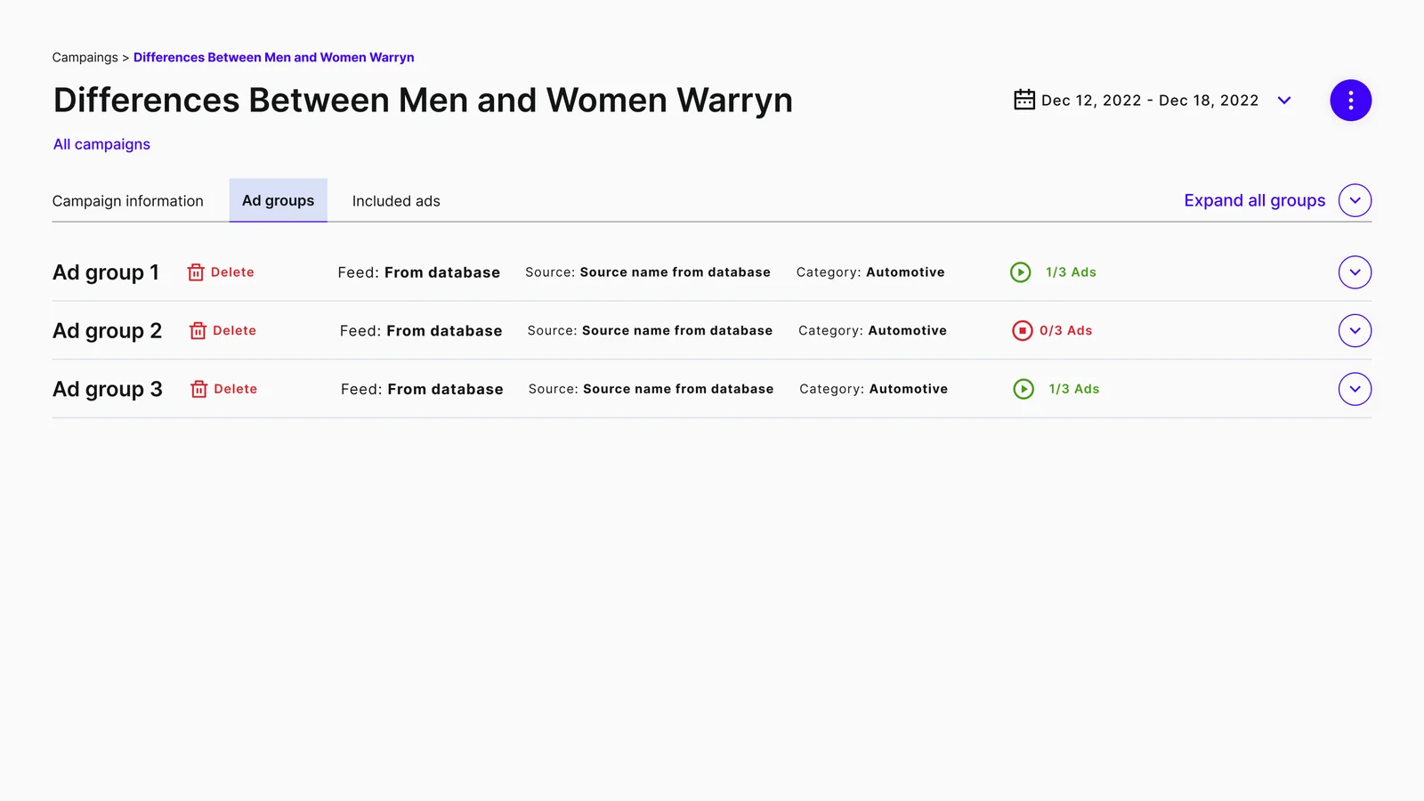 The second version of the Ad groups tab: three collapsed rows, each with Delete, feed, source, category and live-ad status, and an Expand all groups control
