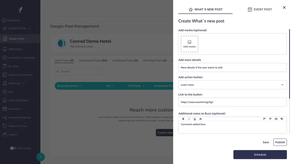 Create post modal with image upload, details, a call-to-action button and a publishing schedule
