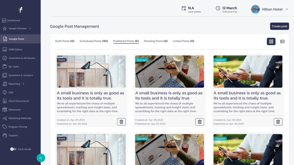 Google post management showing published post cards in a grid