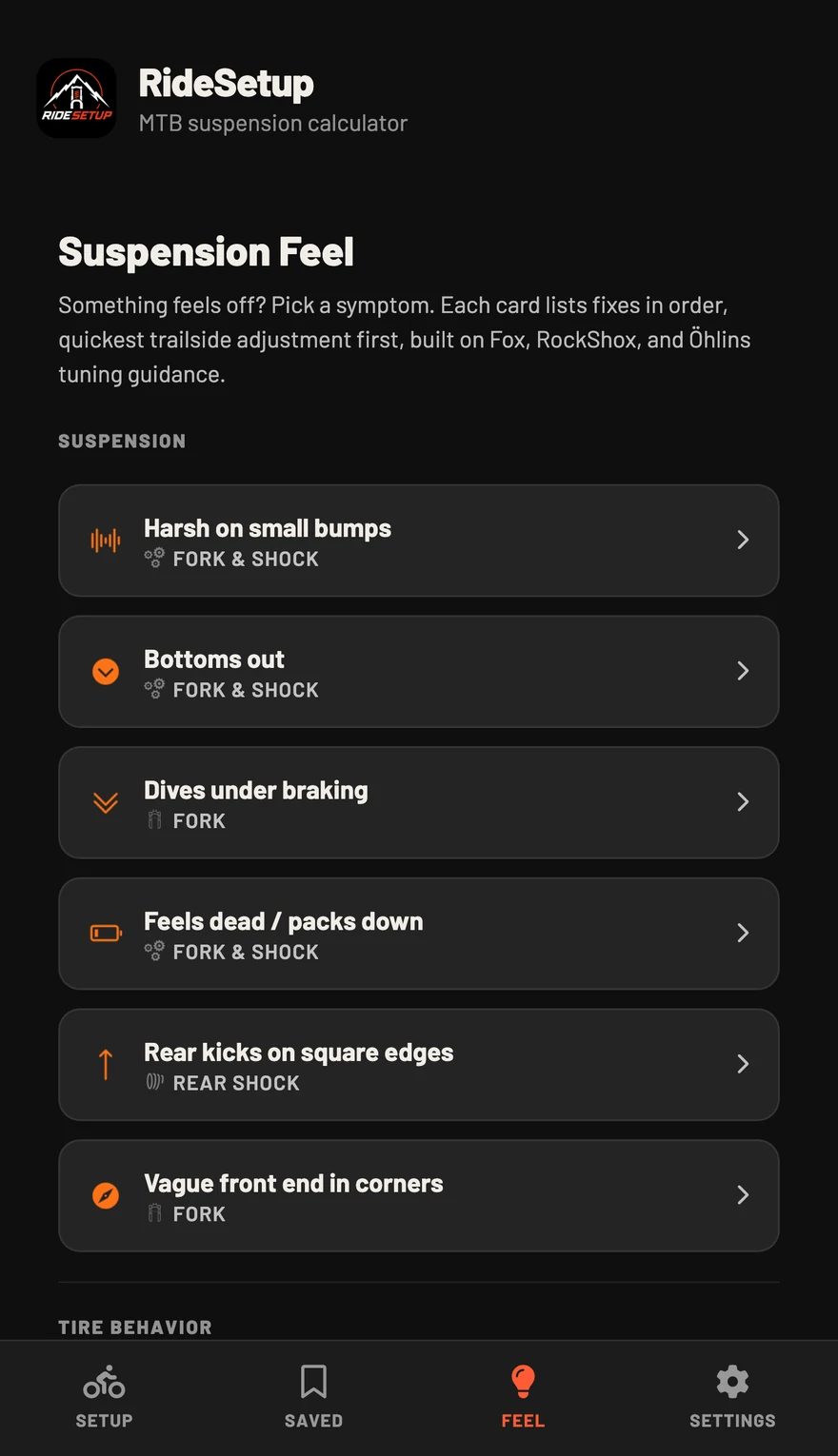 Suspension Feel tab: a list of symptoms including harsh on small bumps, bottoms out, dives under braking, and vague front end in corners