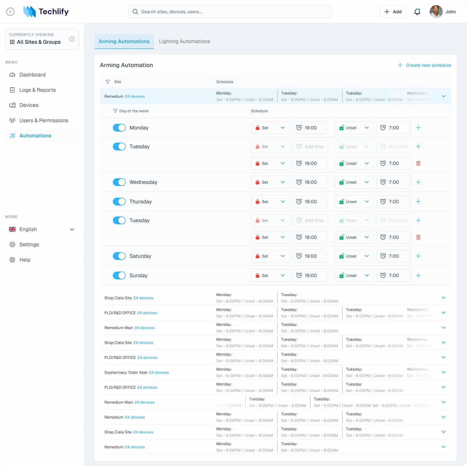 Arming automation schedules per site, expandable to a per-weekday grid of set and unset times