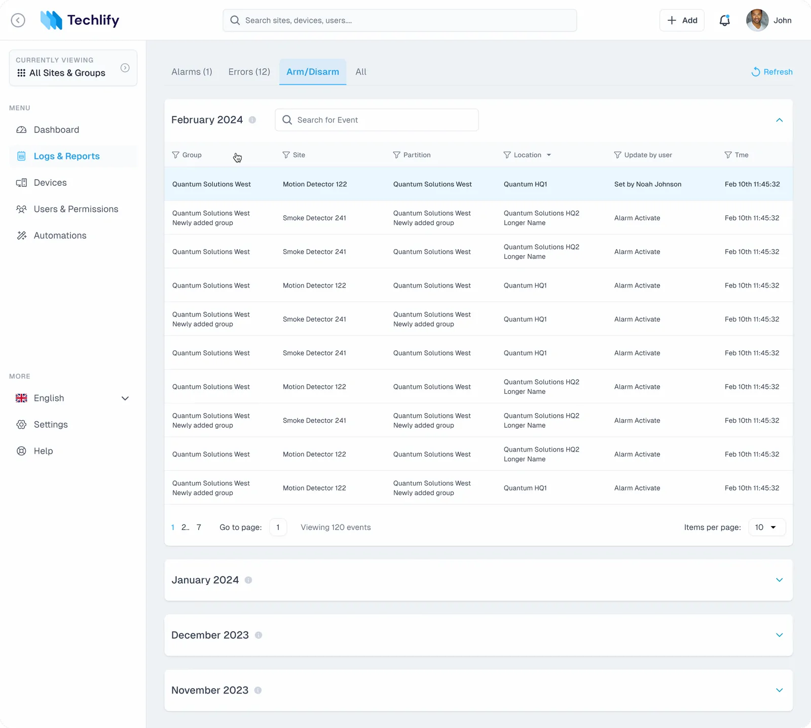 Event log grouped into collapsible months, with columns for group, site, partition, location, the user who made the change and the time