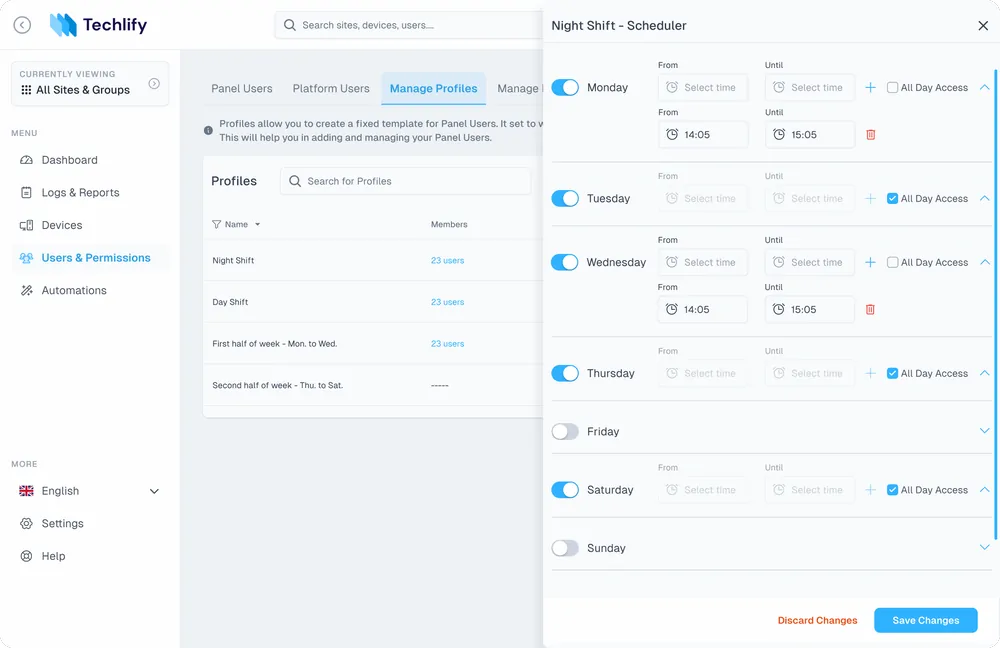 A scheduler panel with a toggle per weekday and multiple from/until windows per day